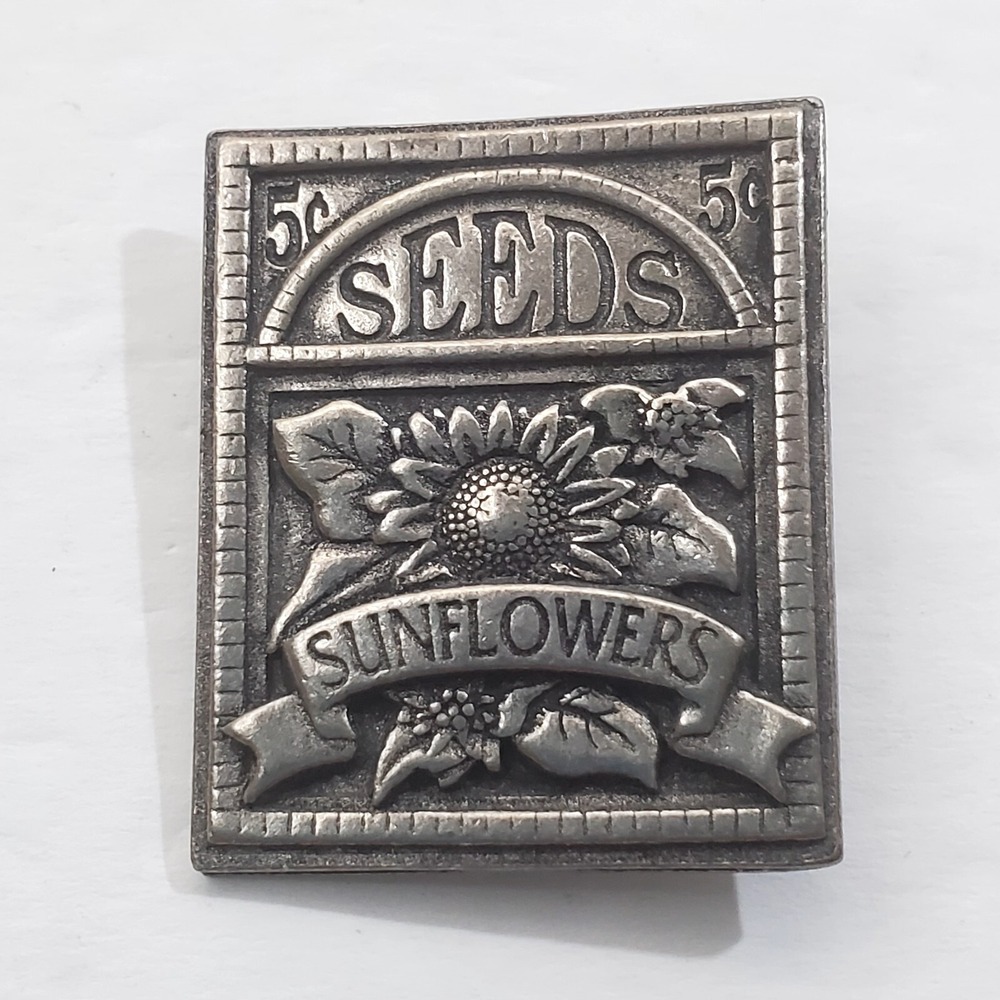 Vtg 2003 Birds and Blooms Pewter Sunflower Seeds Package Gardening Brooch Pin